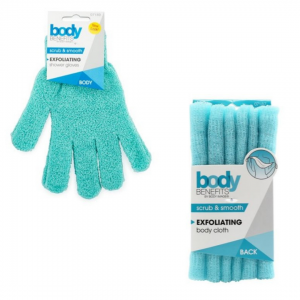Blue exfoliating body cloth and shower gloves